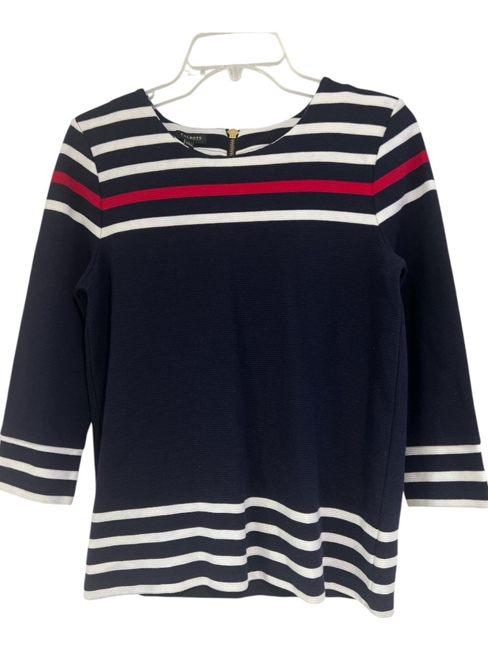 Talbots Navy Stripe Knit Top with Red Chest Stripe